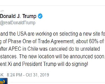 Sẽ sớm công bố địa điểm ký thỏa thuận thương mại Mỹ - Trung giai đoạn I