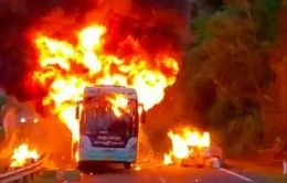 Cháy rụi xe khách trên đèo Khánh Lê, 44 hành khách thoát nạn
