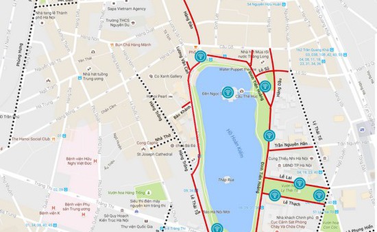 Bản đồ phố đi bộ, điểm trông giữ xe, điểm phát wifi quanh hồ Hoàn Kiếm