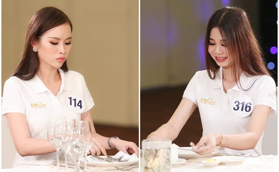 Thí sinh Hoa hậu Hoàn vũ Việt Nam 2017 lúng túng khi học lễ nghi trên bàn ăn