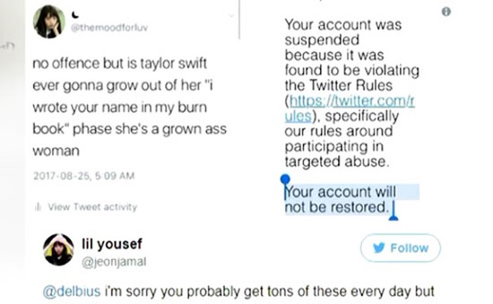 Bị khóa tài khoản Twitter vĩnh viễn vì nói xấu Taylor Swift