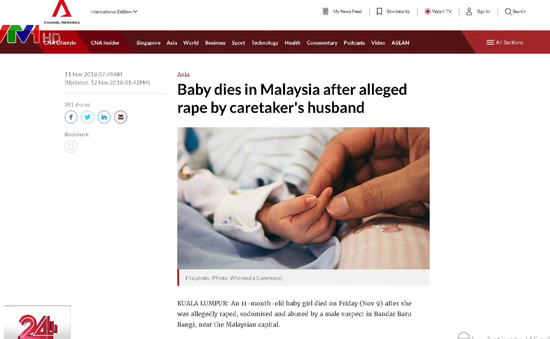 Bé gái 11 tháng tuổi ở Malaysia thiệt mạng sau khi bị xâm hại