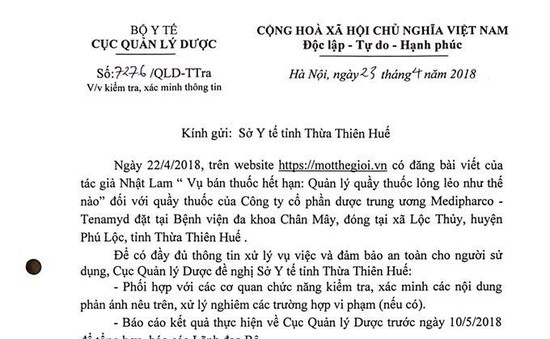 Bộ Y tế yêu cầu kiểm tra thông tin quầy thuốc bán thuốc hết hạn tại Thừa Thiên Huế