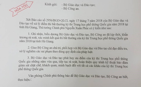 Thủ tướng giao Bộ Công an điều tra, xử lý nghiêm vụ điểm thi bất thường ở Hà Giang