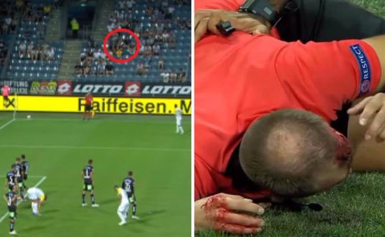 Europa League: Trọng tài vỡ đầu, chảy máu đầm đìa vì "vật thể bay" từ trên khán đài