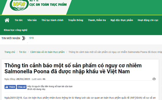 Cảnh báo: một số sản phẩm dinh dưỡng có nguy cơ nhiễm Salmonella Poona được nhập khẩu về Việt Nam