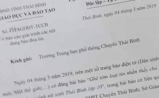 Sở GD&ĐT Thái Bình yêu cầu xác minh vụ thầy giáo nhắn tin 'gạ tình' nữ sinh lớp 10 trường chuyên