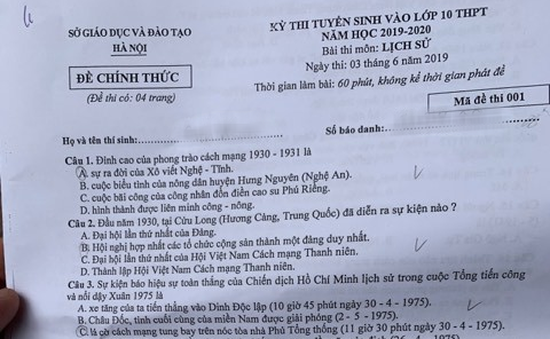 Đề thi trắc nghiệm môn Lịch sử - Kỳ thi tuyển sinh vào lớp 10 THPT Hà Nội