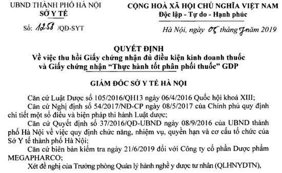 Hà Nội: Thu hồi giấy chứng nhận kinh doanh thuốc của Công ty dược phẩm Megapharco