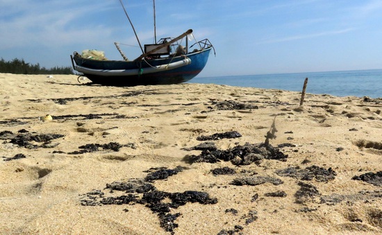 Chất thải màu đen vón cục, có mùi hôi tràn vào bờ biển Quảng Ngãi