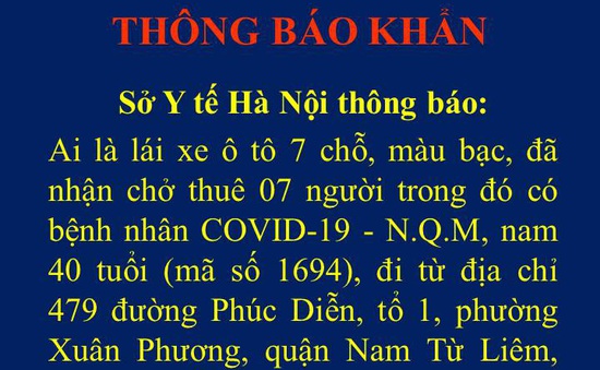 Thông báo tìm lái xe 7 chỗ chở BN1694 từ Hà Nội đến Thái Bình